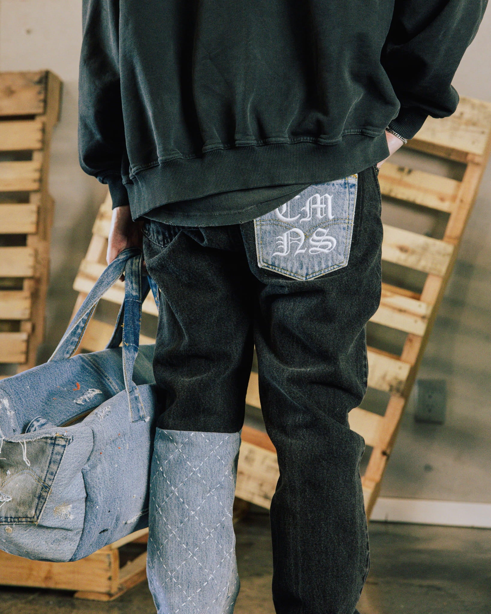 COMMONS REVERSE LEG HAND STITCHED DENIM BLACK (R46) - Common Hype