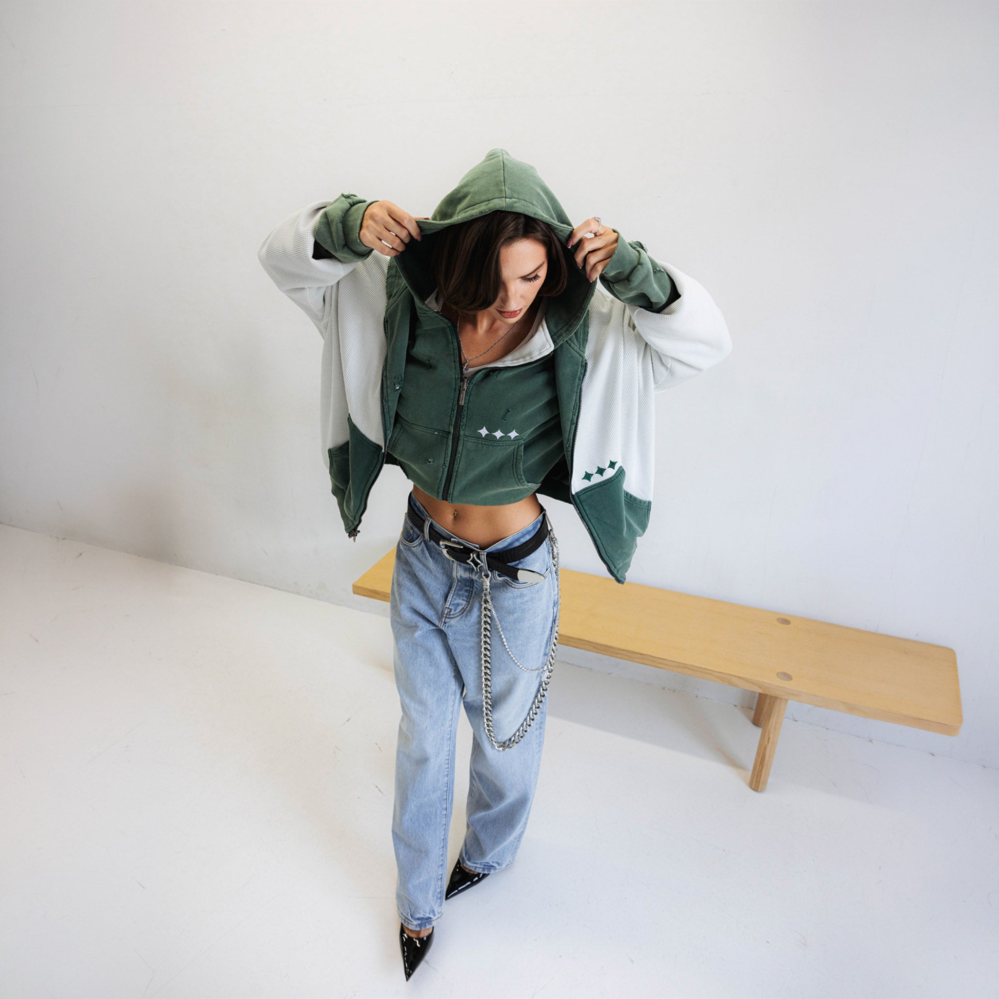 Commons Reversible Thermal Zip Up Faded Green/White