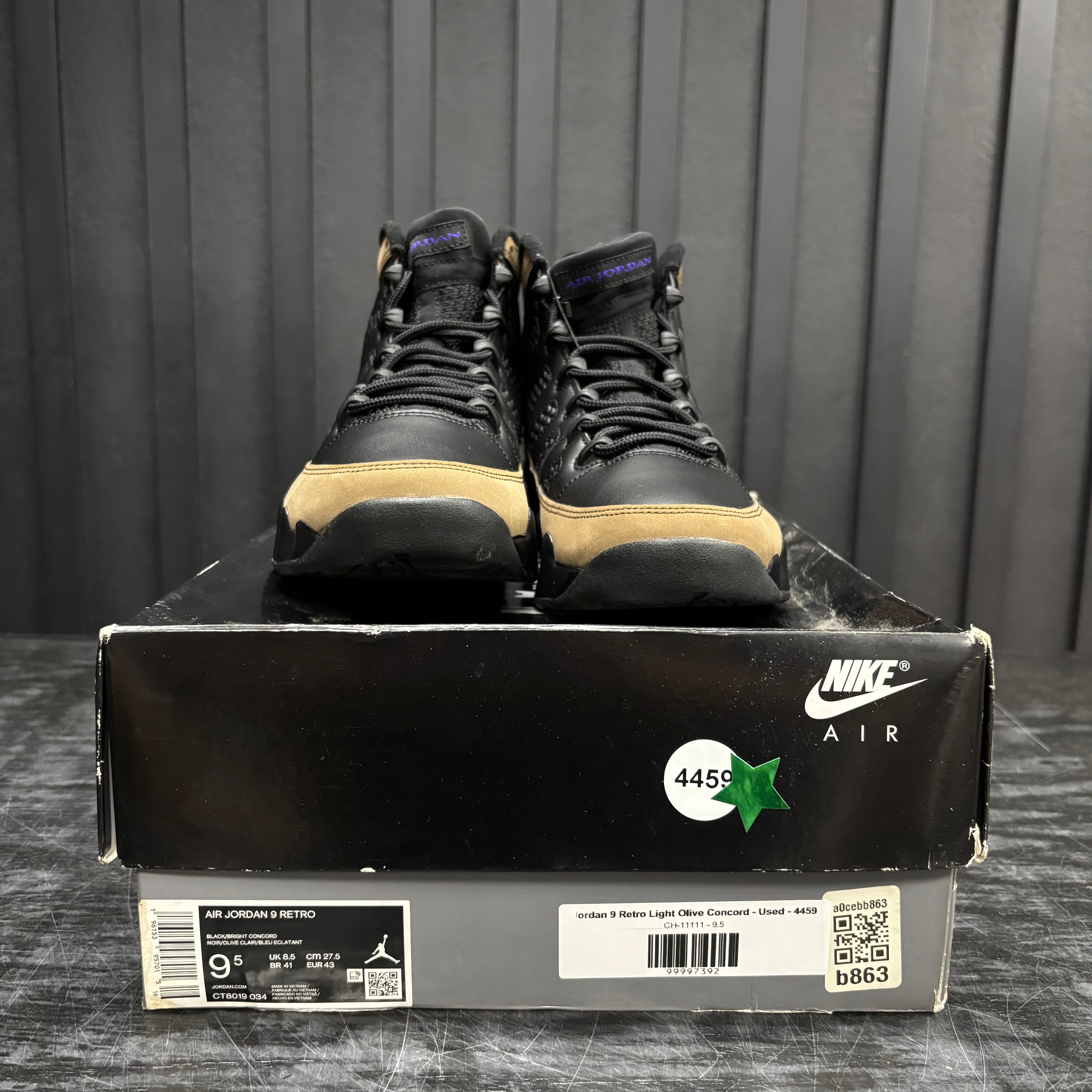 Jordan 9 Retro Light Olive Concord - Used - 4459