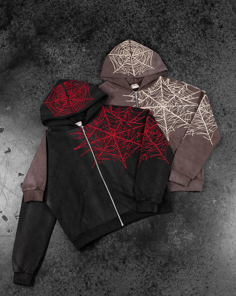 Commons Spider Zip-Up Hoodies in Vintage Black and Vintage Brown